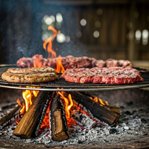 Meat grilling over a wood fire at an asado