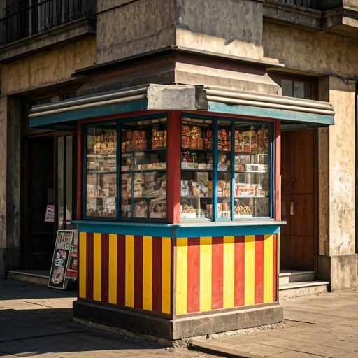 A small street kiosk with striped awning and shelves of snacks