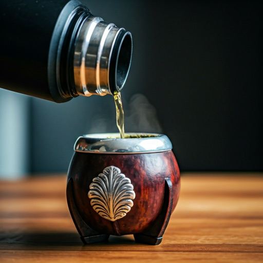 A mate gourd with a metal bombilla, hot water being poured from a thermos