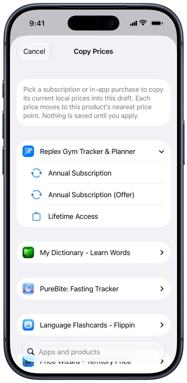 Copy prices picker on iPhone