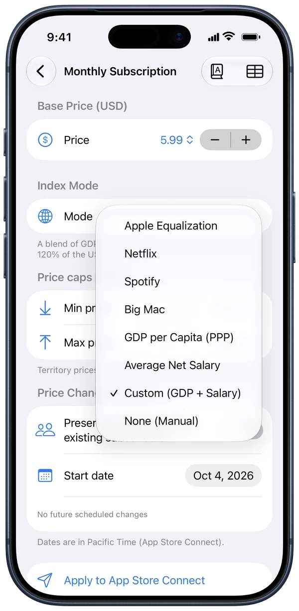 Index mode menu on iPhone