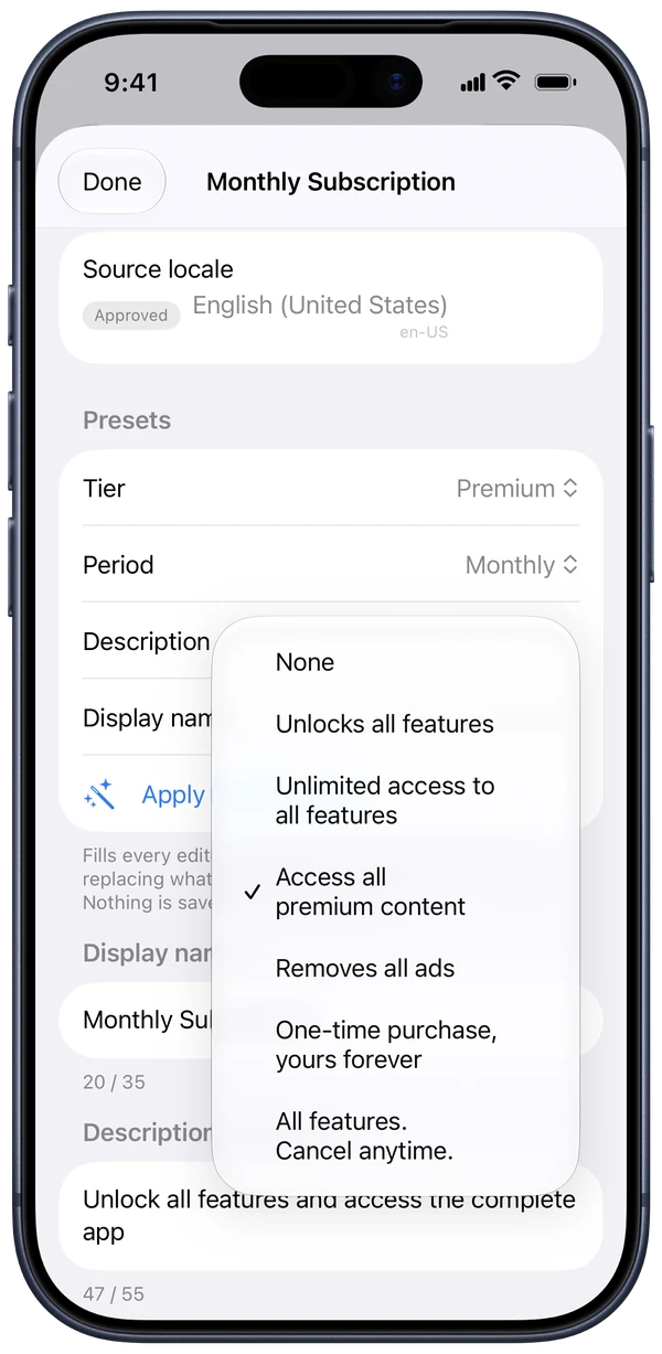 Localization presets on iPhone