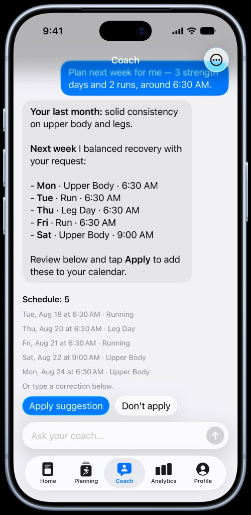 AI Coach proposes a schedule and templates