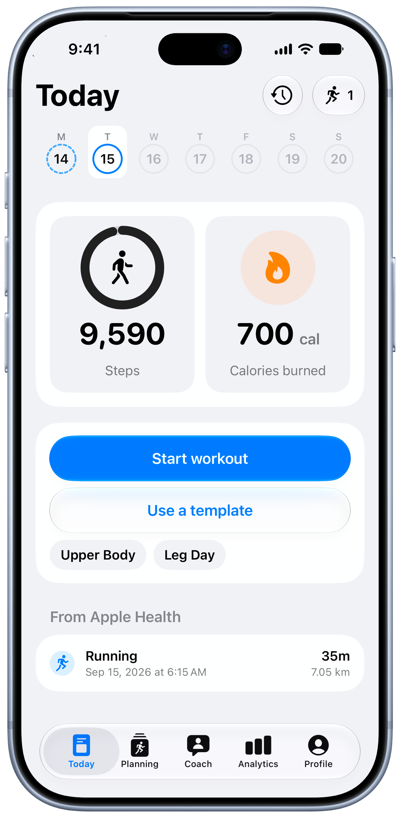 Today screen with Start workout and Apple Health imports