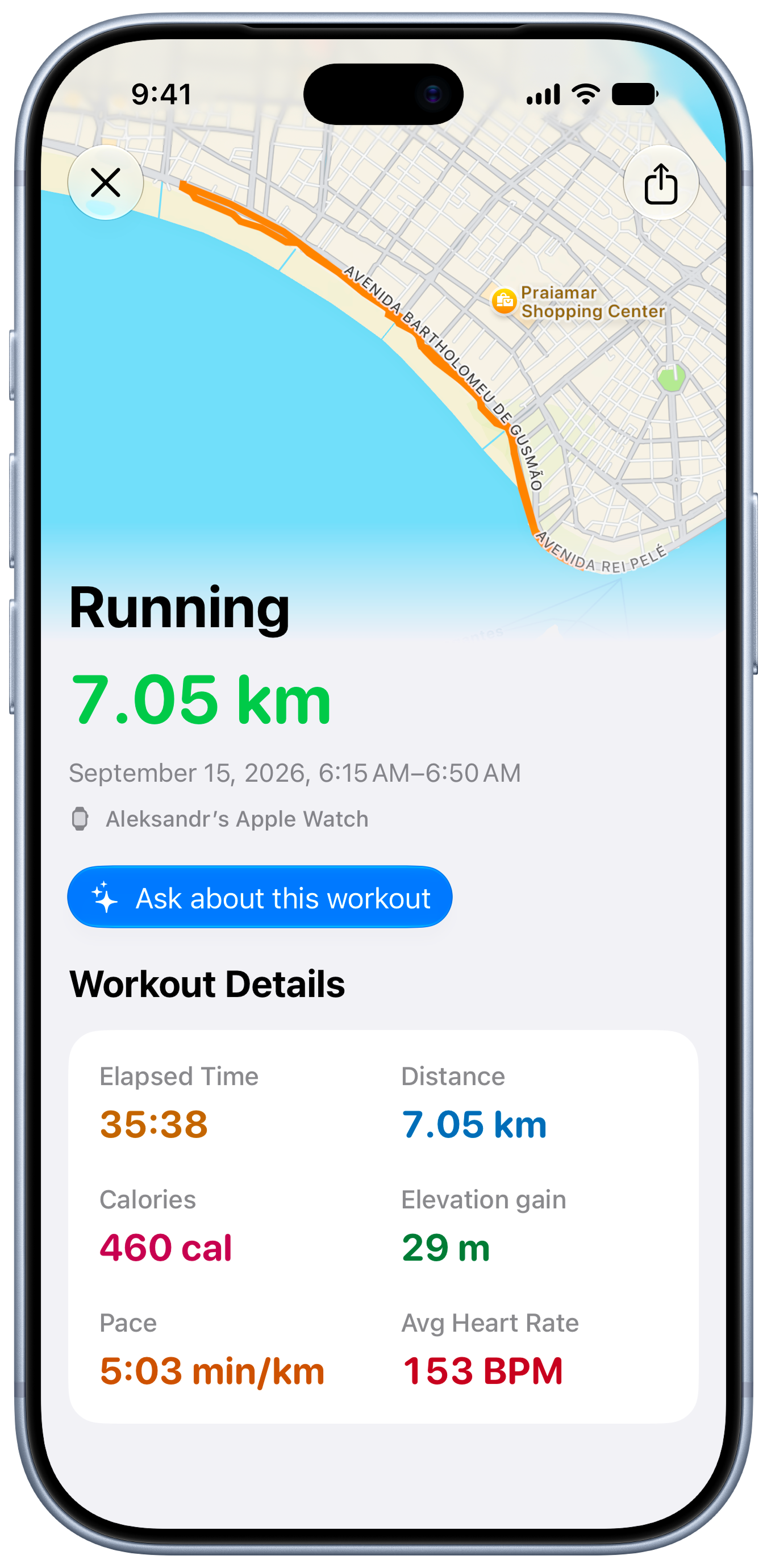 Outdoor running workout with full-screen route