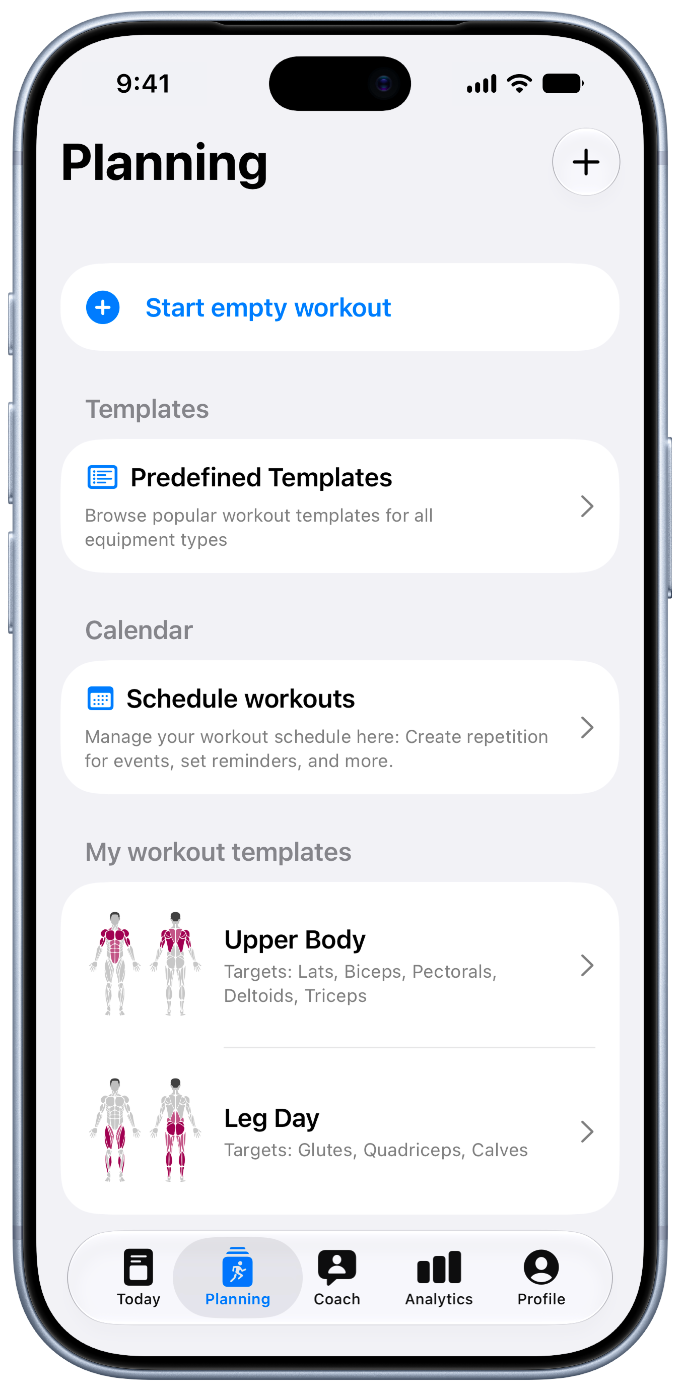 Planning hub with templates and schedule