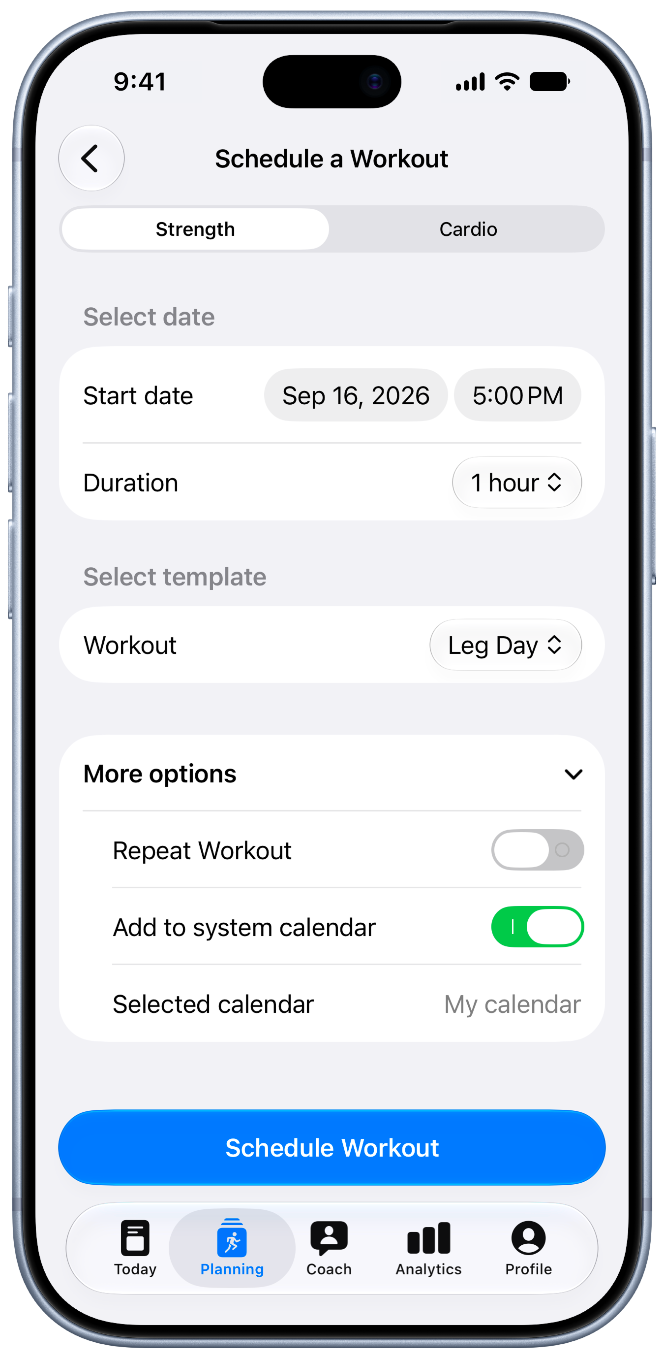 Schedule a workout with calendar options
