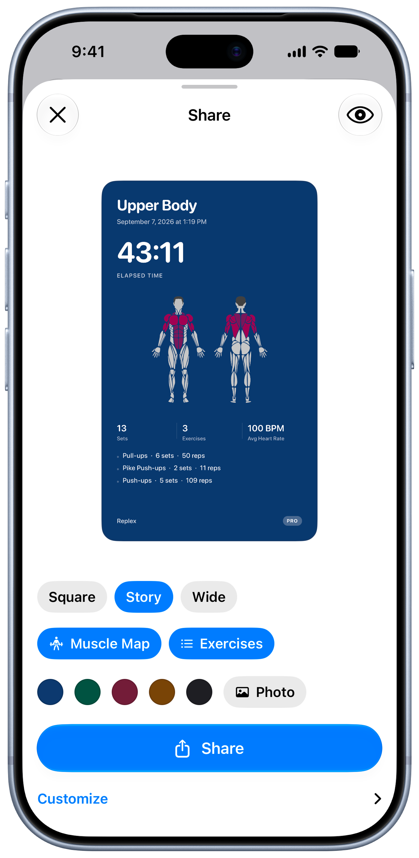 Share composer with muscle map story card