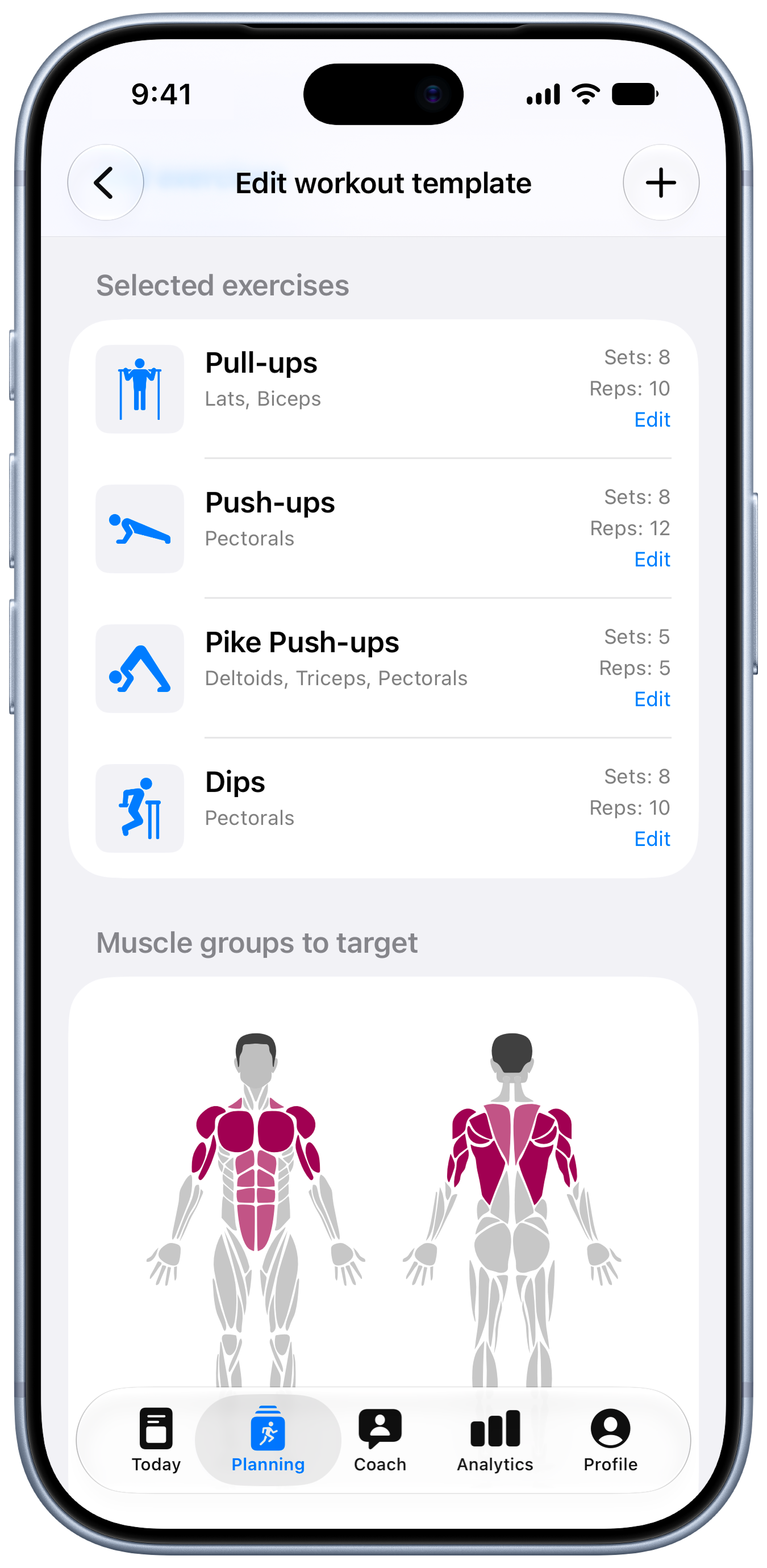 Edit workout template with muscle map