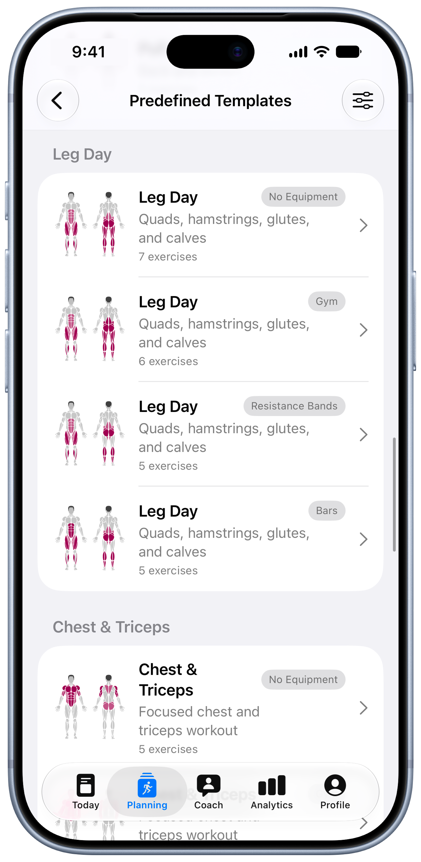 Predefined workout templates library