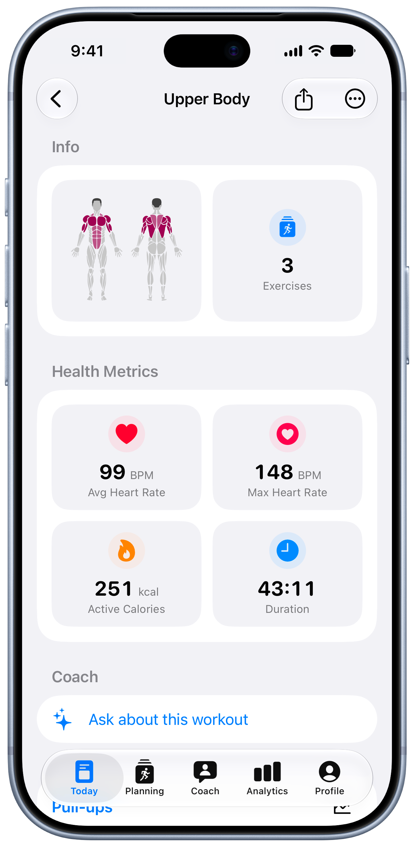 Completed workout details with muscle map and health metrics
