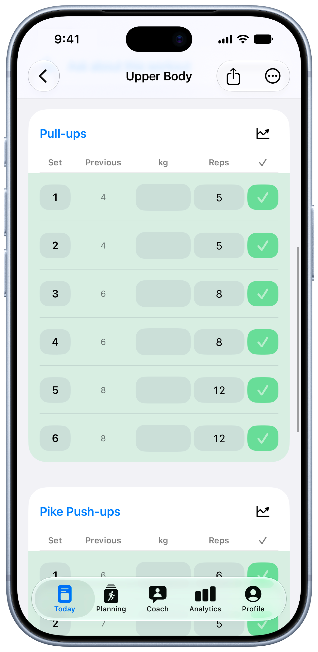 Inline set logging during an Upper Body workout