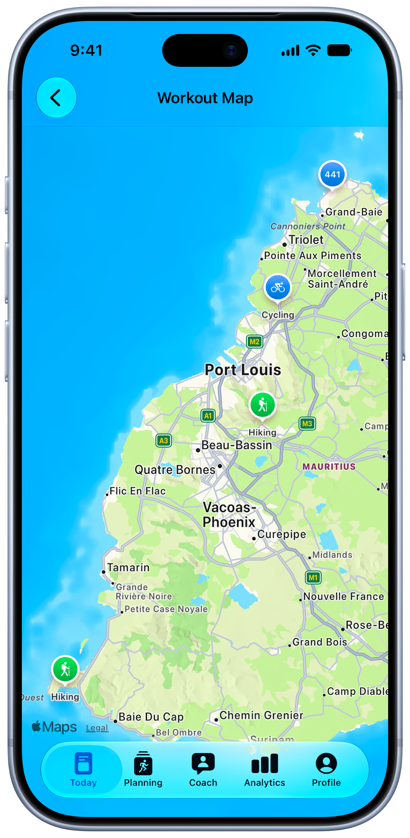 Workout map showing runs, rides, and gym sessions by place